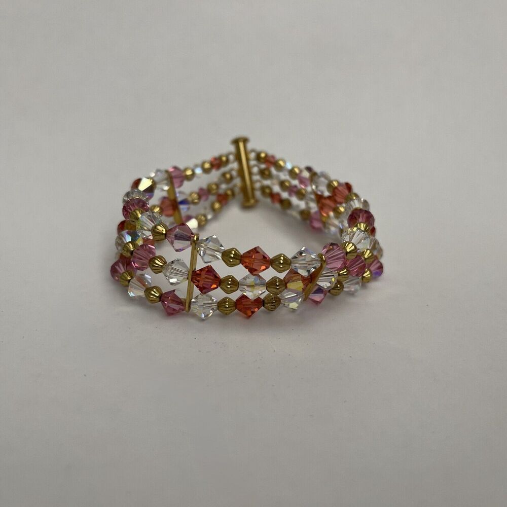 Gold-tone Pink Clear Gold Beaded‎ Fashion Bracelet 7.5"